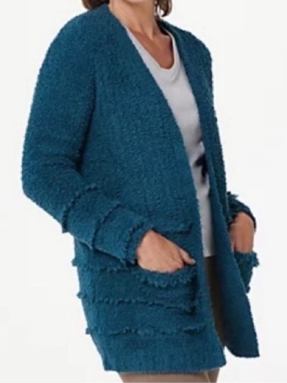 NWT Barefoot Dreams Medium Deep Blue Cardigan with fringe details 2 pockets